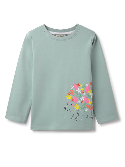 Girls Aqua Green Cotton Floral Embroidery T-Shirt