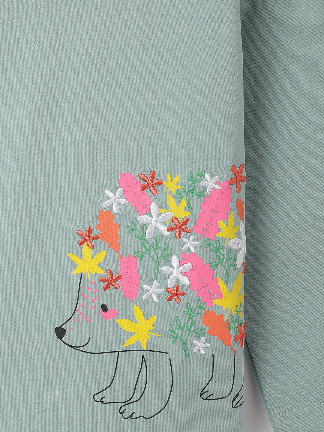 Girls Aqua Green Cotton Floral Embroidery T-Shirt