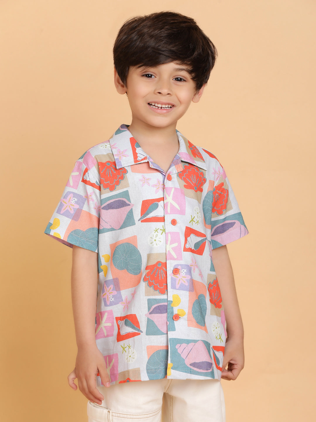 Boys Grey Half Sleeve Casual Printed Cotton Shirt