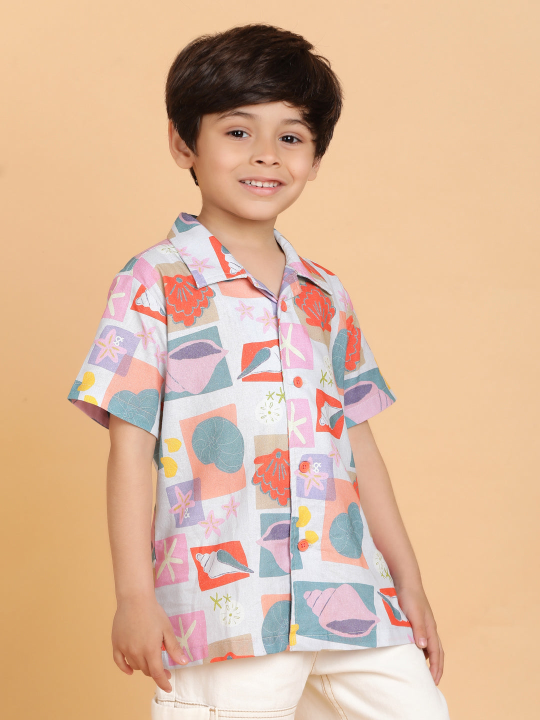Boys Grey Half Sleeve Casual Printed Cotton Shirt