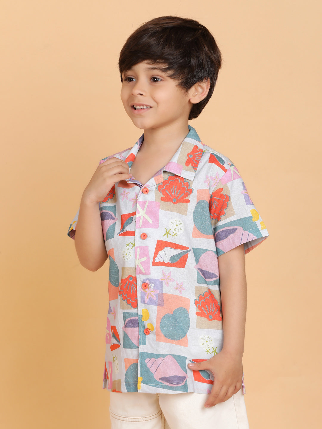 Boys Grey Half Sleeve Casual Printed Cotton Shirt