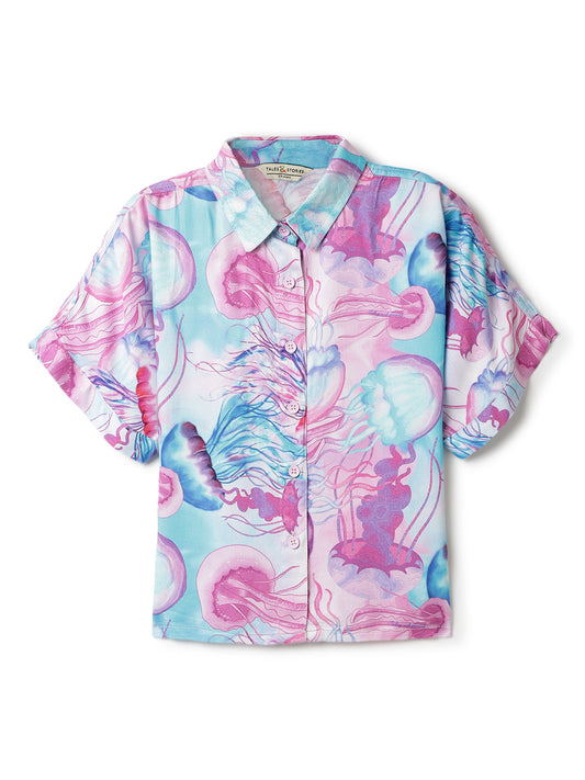 Girls Pink & Blue Viscose Printed Shirt