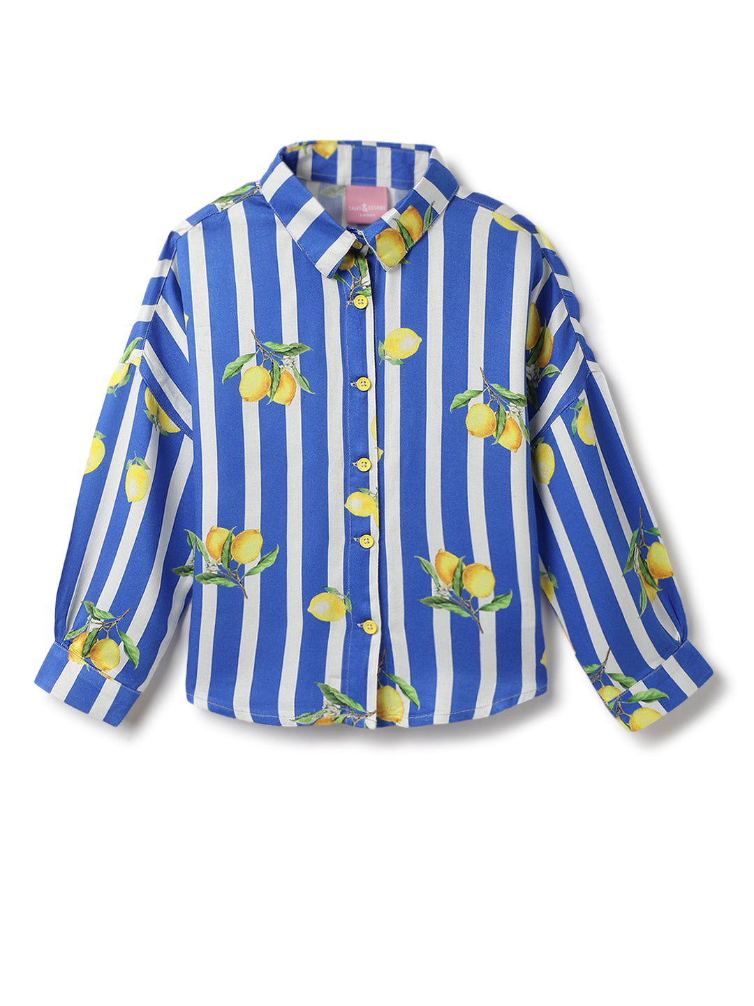 Girls Blue Viscose Stripes Printed Shirt