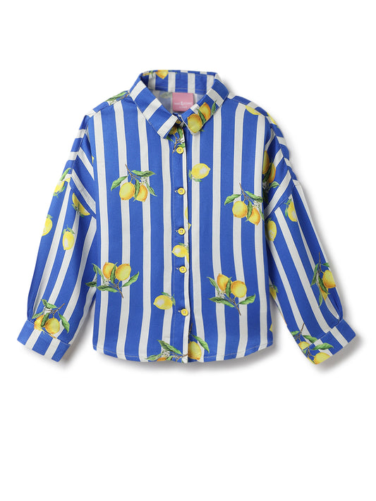 Girls Blue Viscose Stripes Printed Shirt