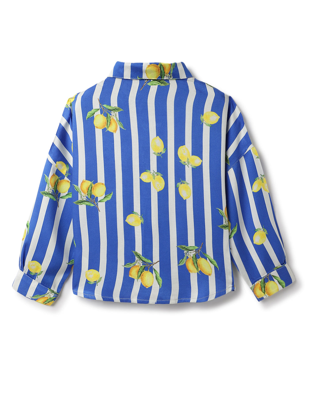 Girls Blue Viscose Stripes Printed Shirt
