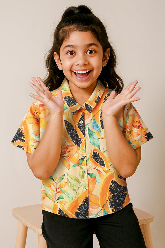 Girls Orange Viscose Printed Shirt