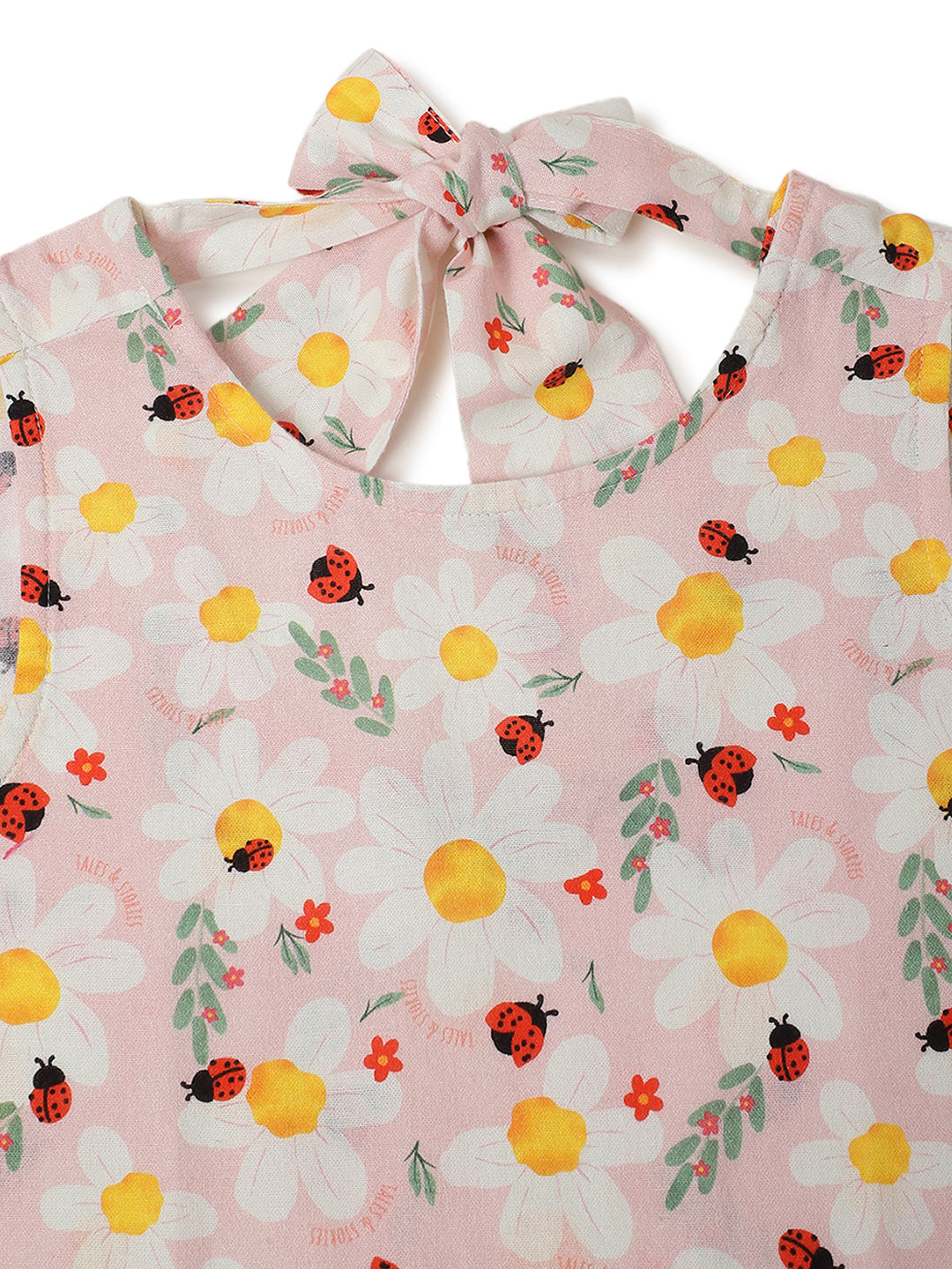 Girls Peach Cotton Printed Sleeveless Dress