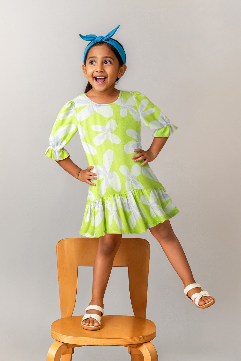 Girls Green Neon Viscose Floral Print Dress
