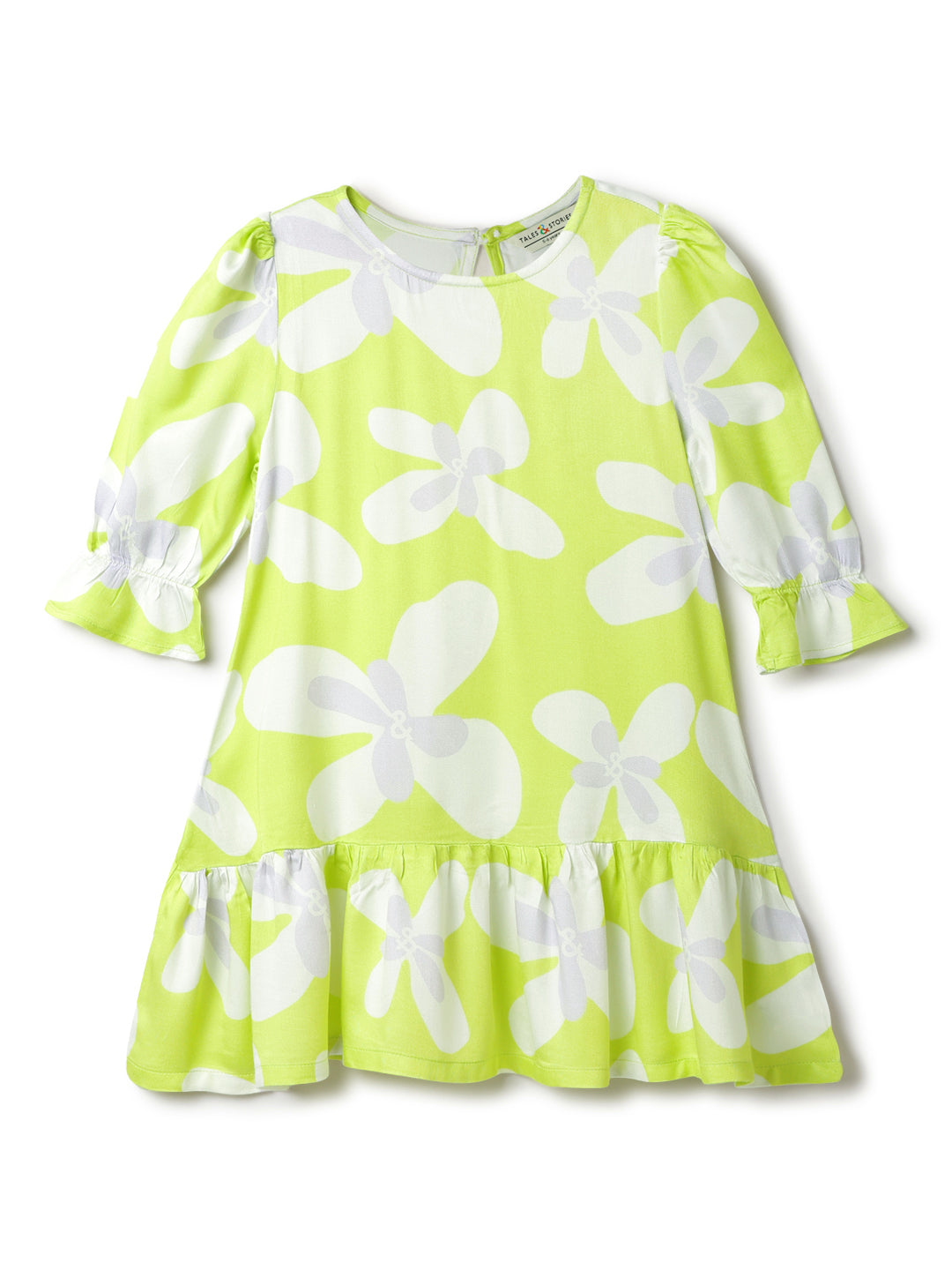 Girls Green Neon Viscose Floral Print Dress