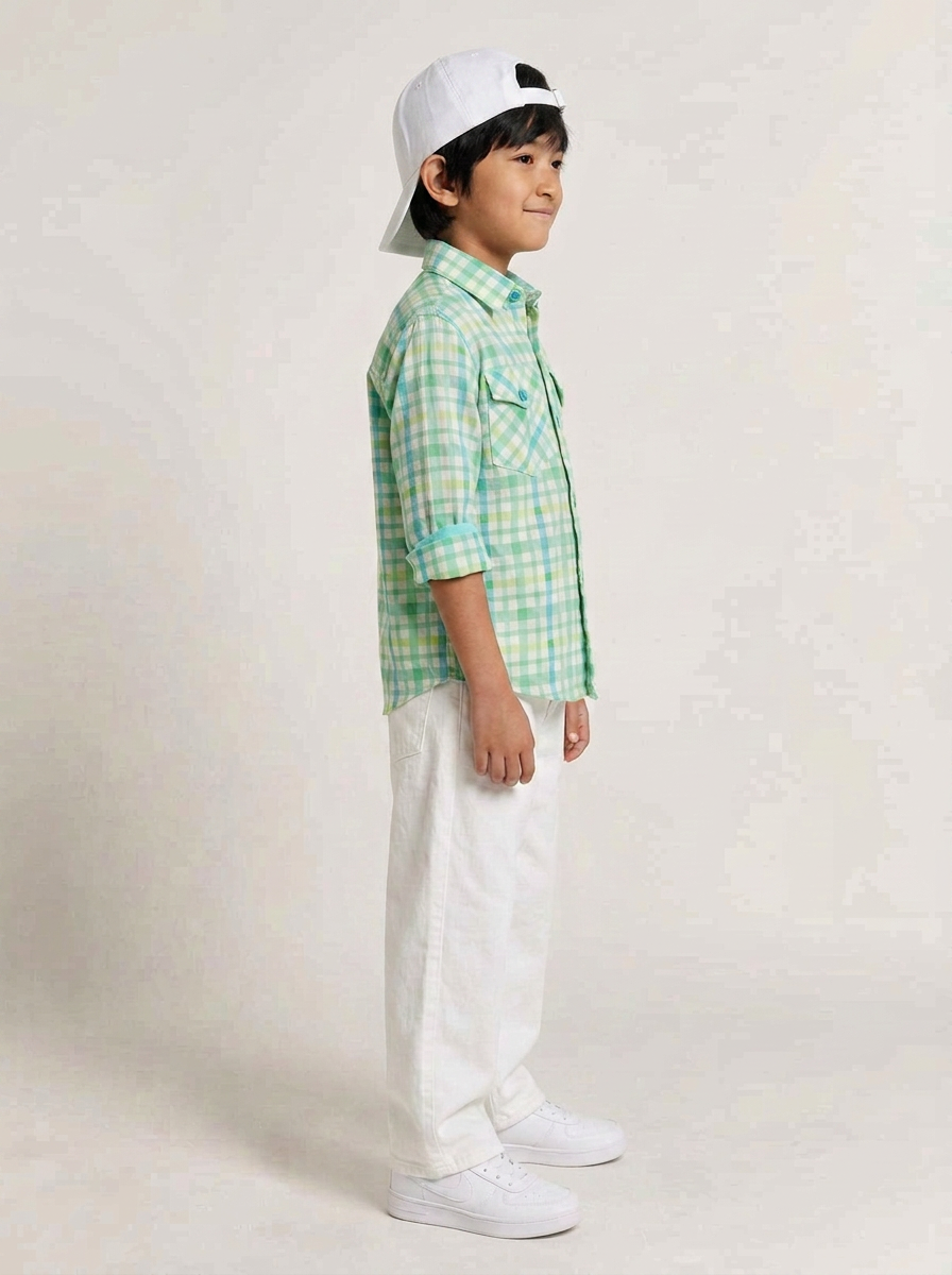 Boys Green Cotton Checks Shirt
