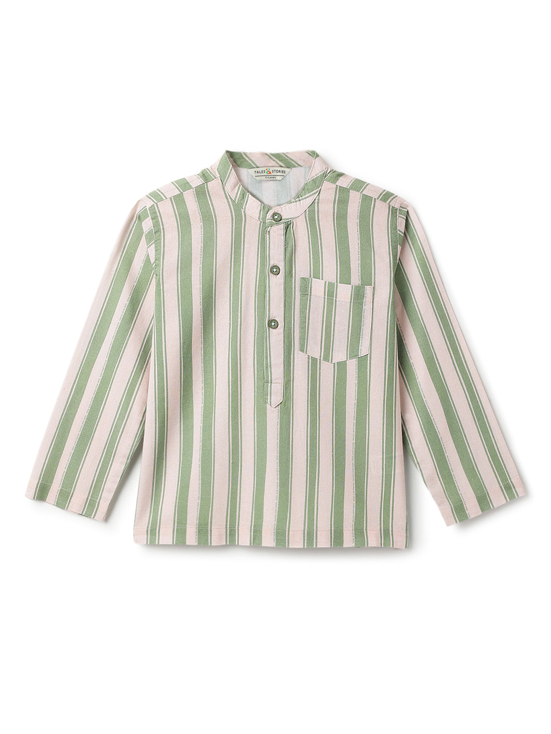 Boys Cotton Olive Green Striped Loose Fit Kurta Shirt