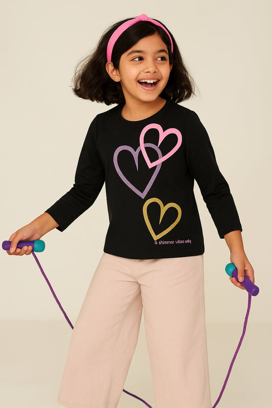 Girls Cotton Black Printed T-Shirt