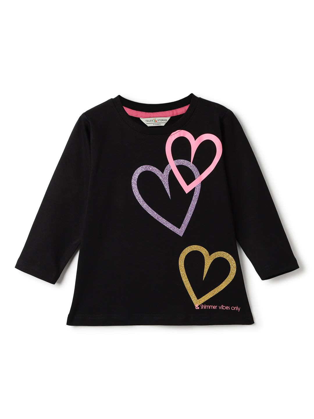 Girls Cotton Black Printed T-Shirt
