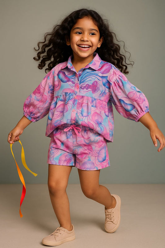 Girls Pink & Blue Viscose Print Shirt