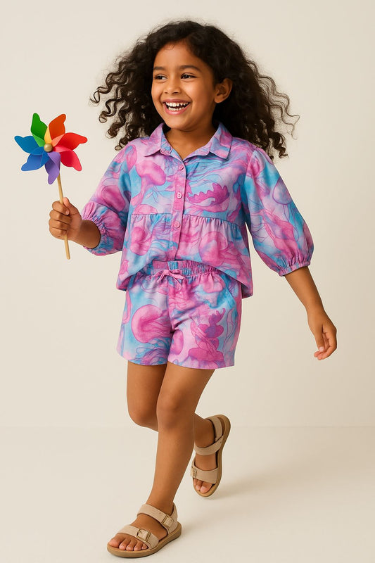 Girls Pink & Blue Viscose Print Shorts