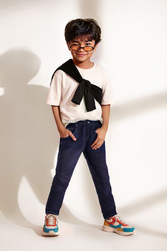 Boys Dark Blue Cotton Polyester Solid Jeans