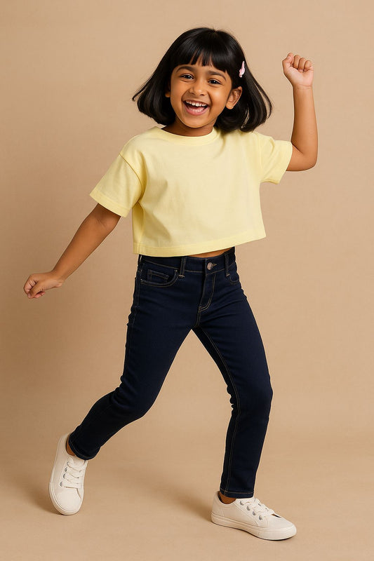 Girls Dark Blue Lycra Washed Slim Fit Jeans