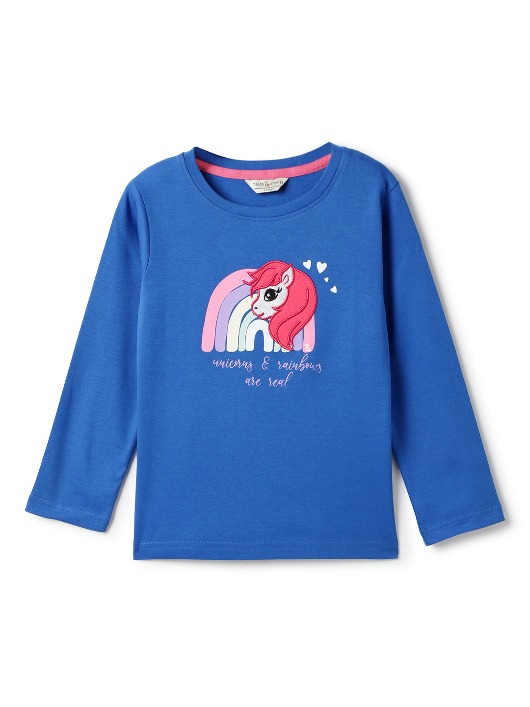 Girls Cotton Royal Blue Printed T-Shirt