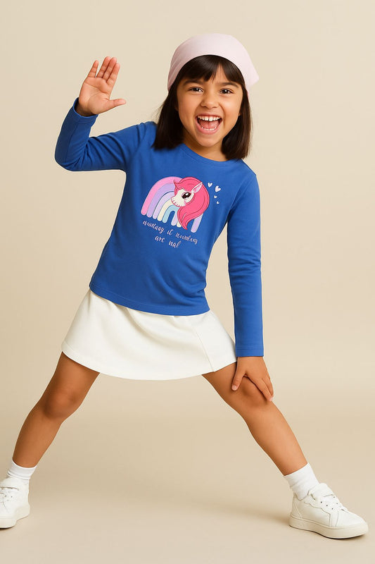 Girls Cotton Royal Blue Printed T-Shirt