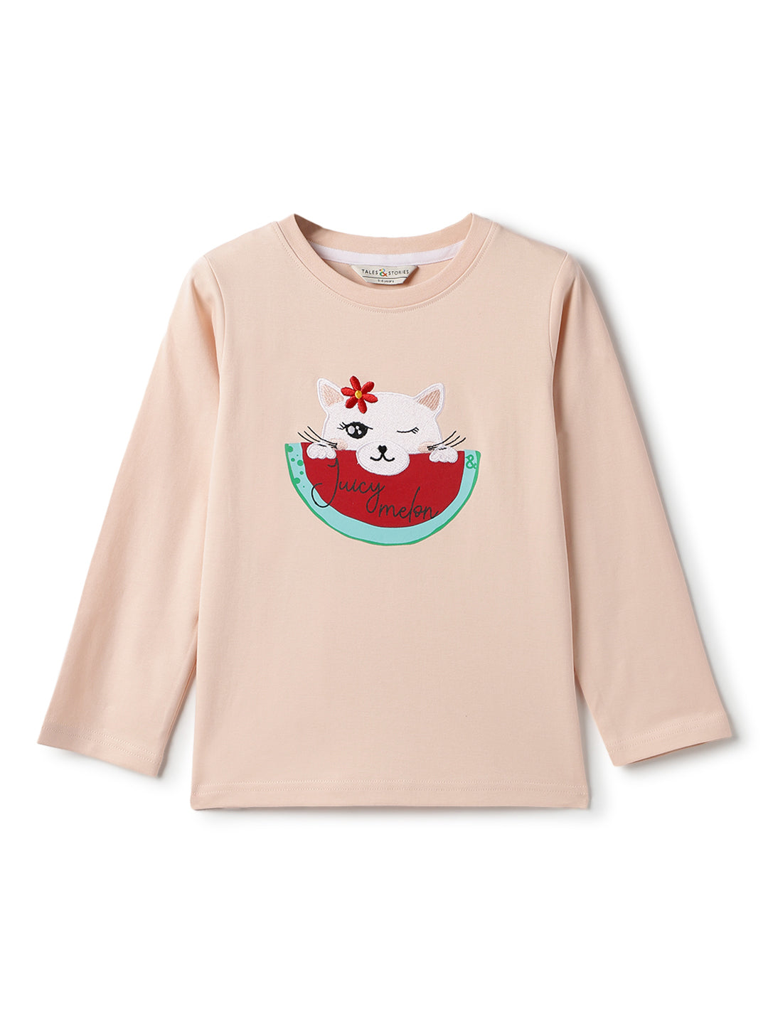Girls Cotton Peach Printed T-Shirt