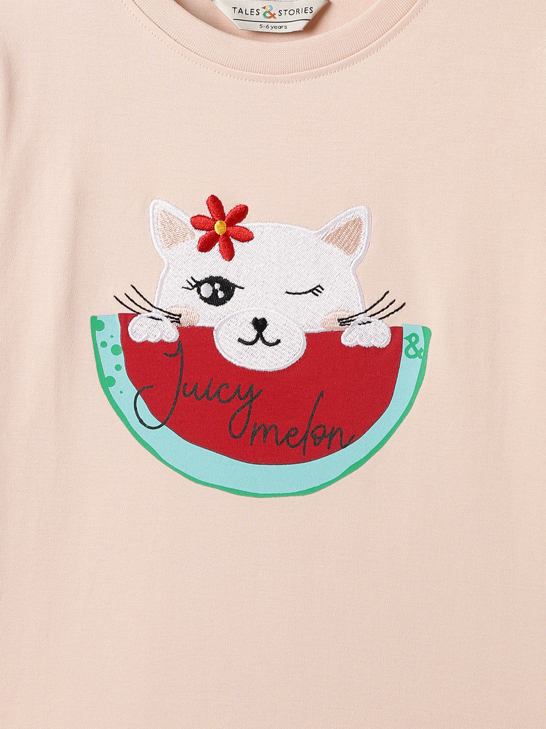 Girls Cotton Peach Printed T-Shirt