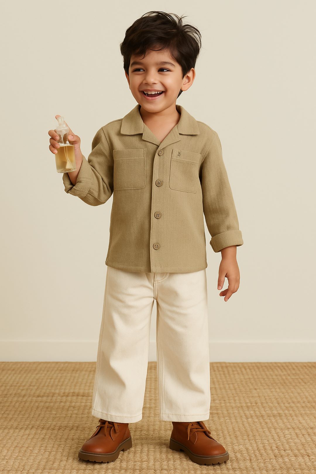 Boys Olive Solid Oversized Cotton Shirt
