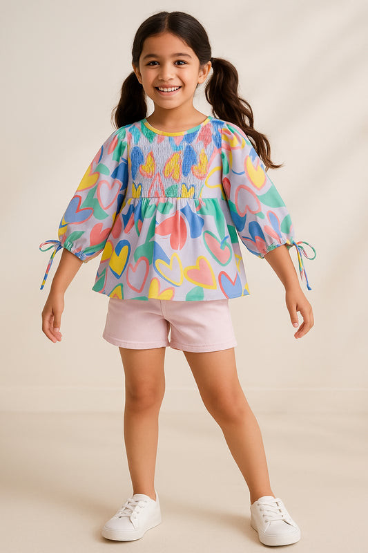 Girls Multi-Colored Printed Viscose Polyester Elbow Sleeve Top
