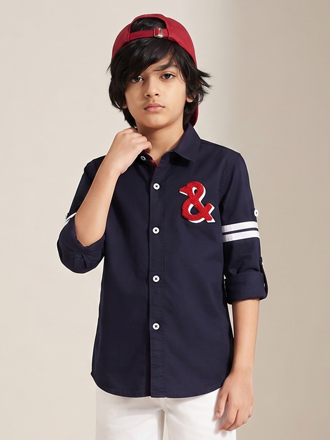 Boys Navy Blue Cotton Woven Embroidered Shirt