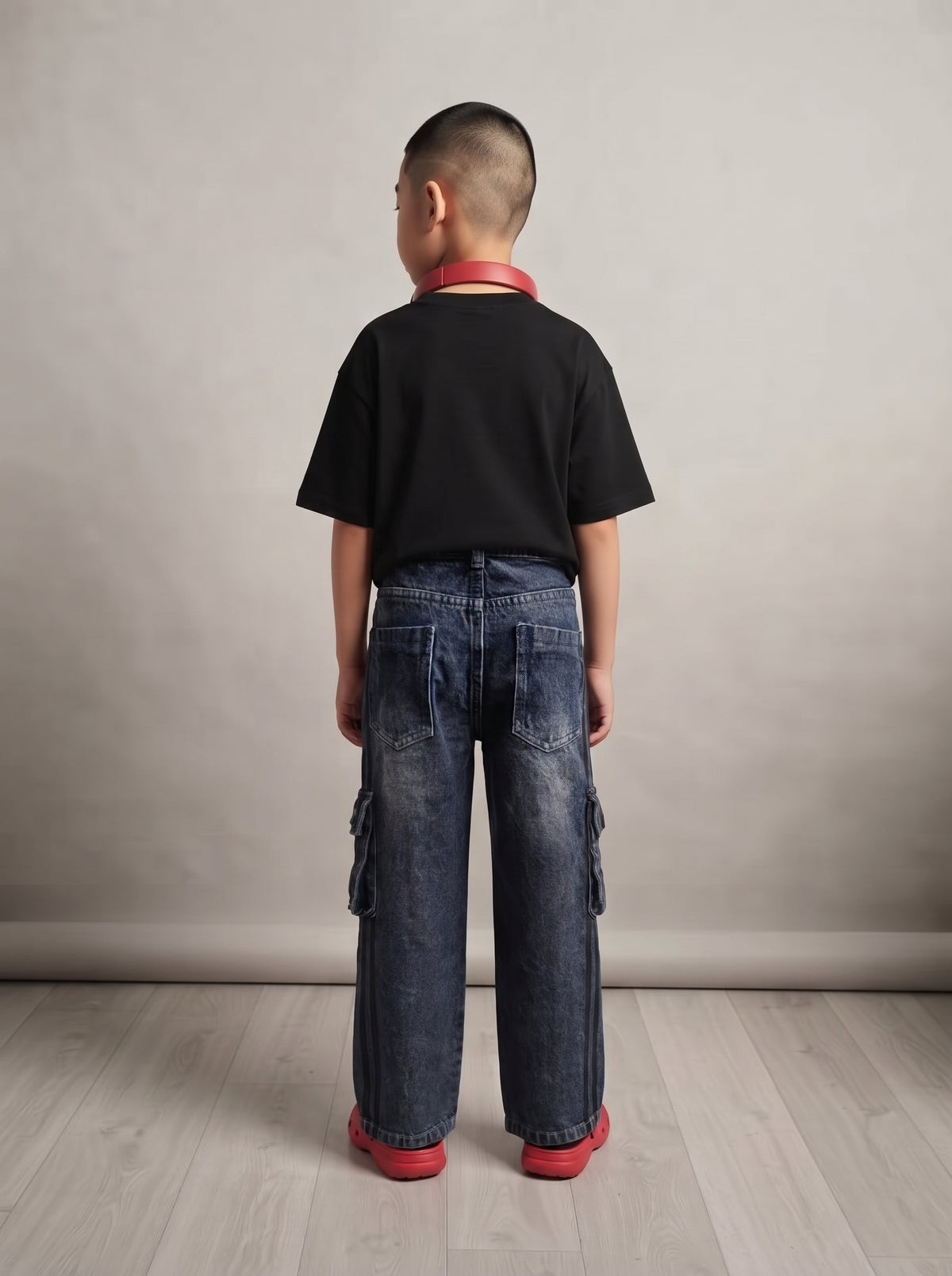 Boys Dark Blue Washed Loose Fit Cargo Jeans