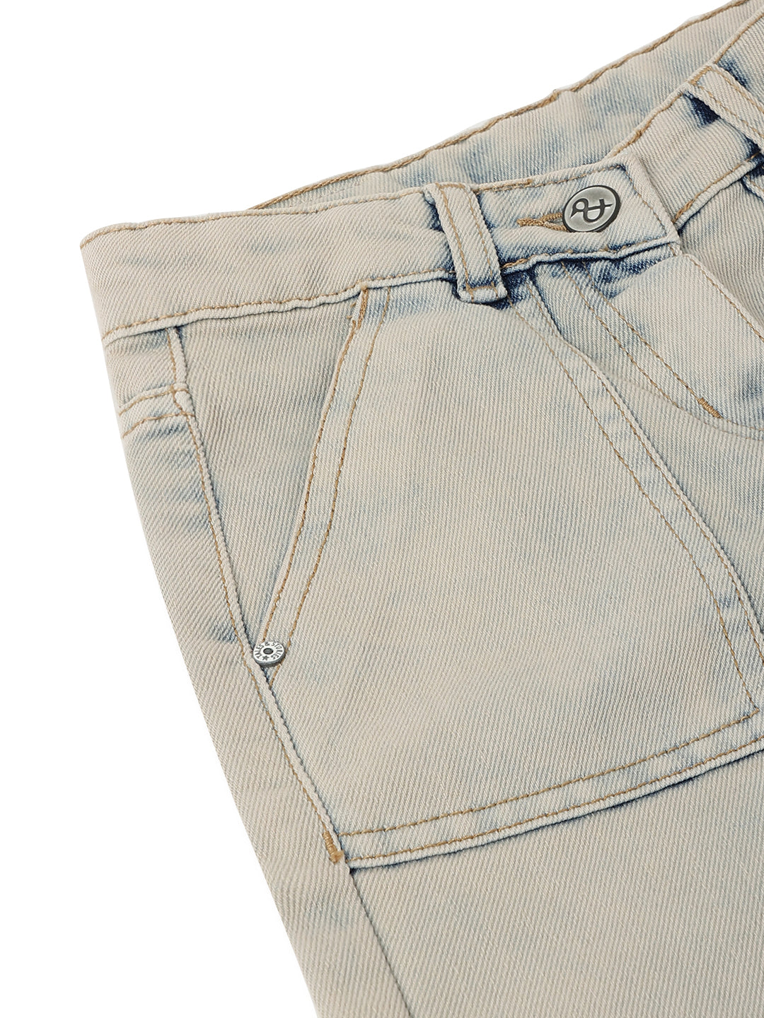 Girls Beige Cotton Poly Washed Wide Leg Jeans
