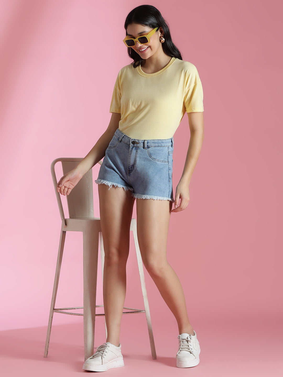 Women's Blue Denim Denim Cotton Washed Mini Shorts