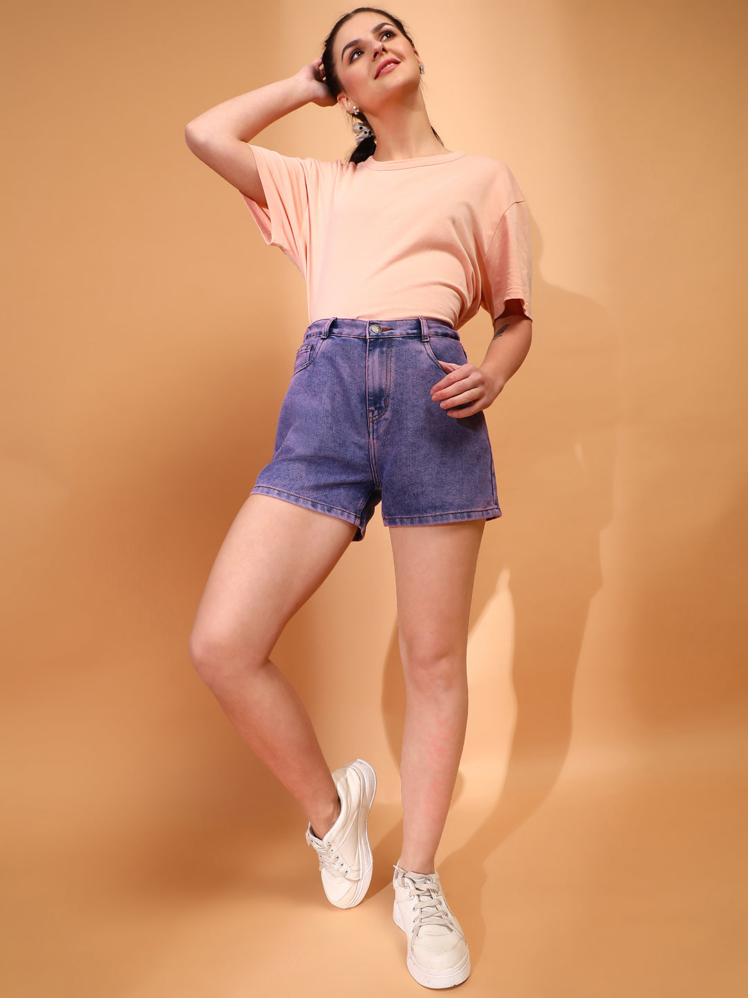 Women Denim solid Purple Shorts