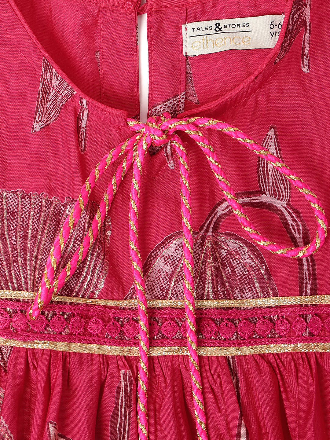 Girls Pink Printed Viscose Round Neck Kurta Set