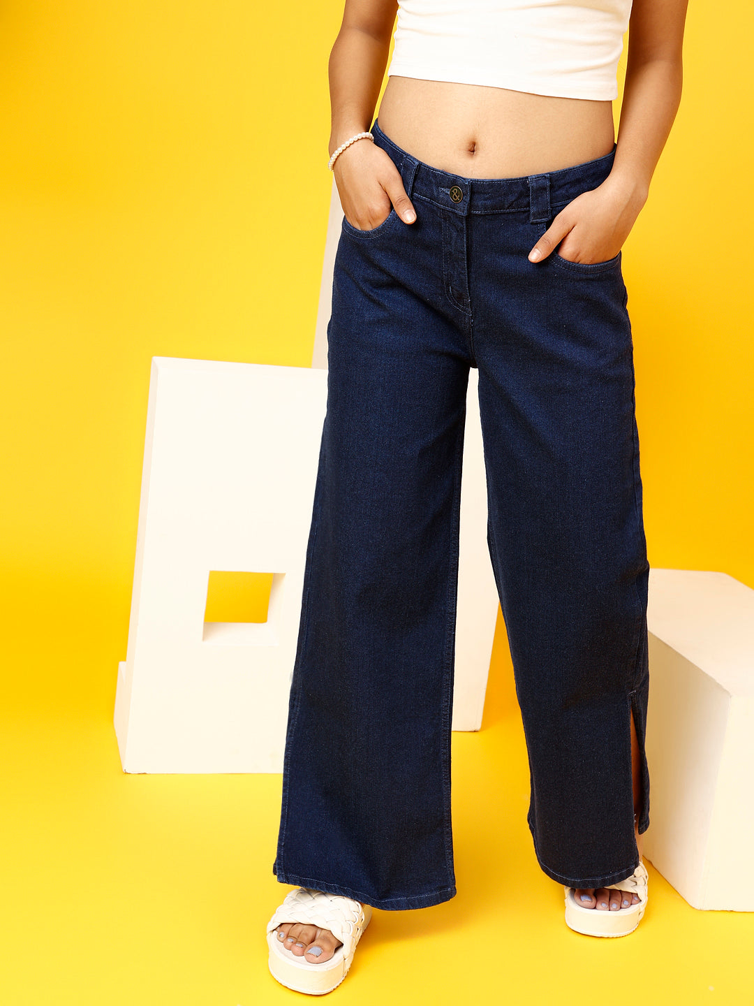 Girls Dark Blue Wide Leg Fit Lycra Washed Jeans