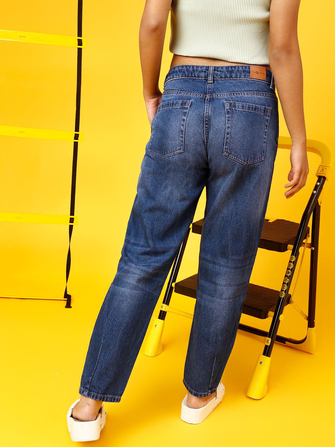 Girls Dark Blue Mom fit Cotton Washed Jeans