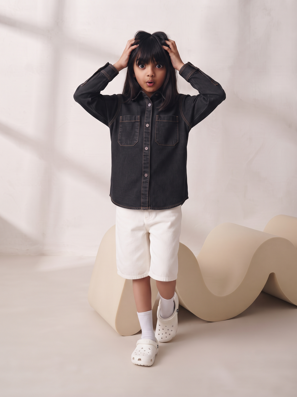 Boys & Girls Unisex Black Cotton Denim Shacket with Dual Pockets
