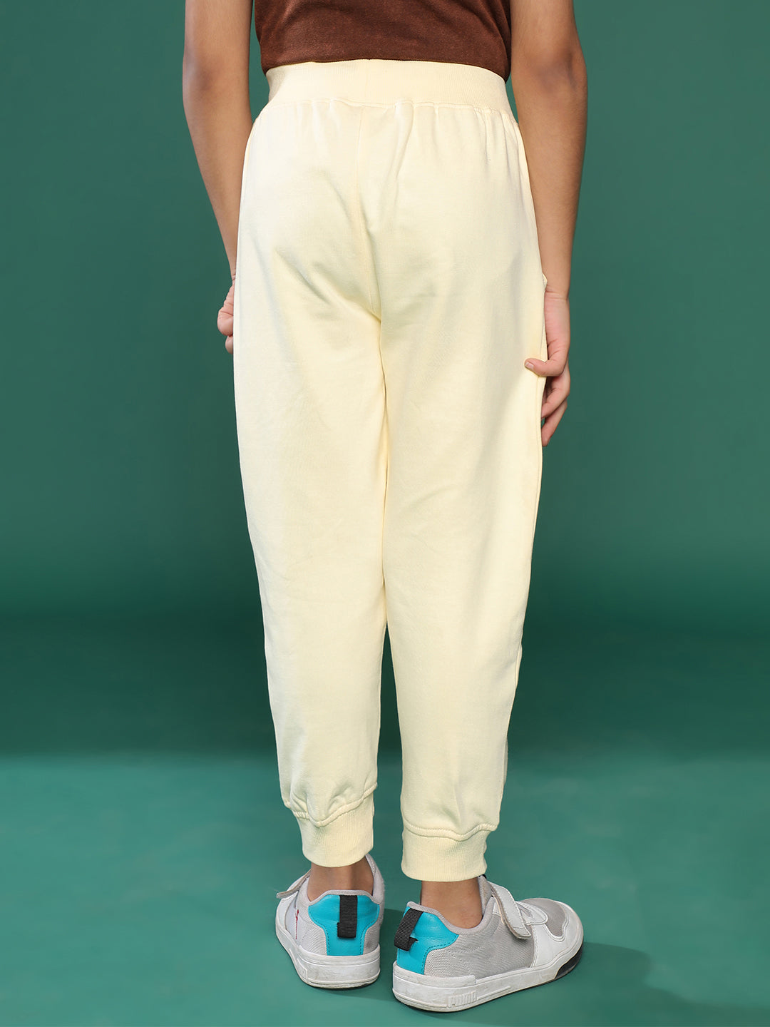 Boys Off White Solid Cotton Joggers