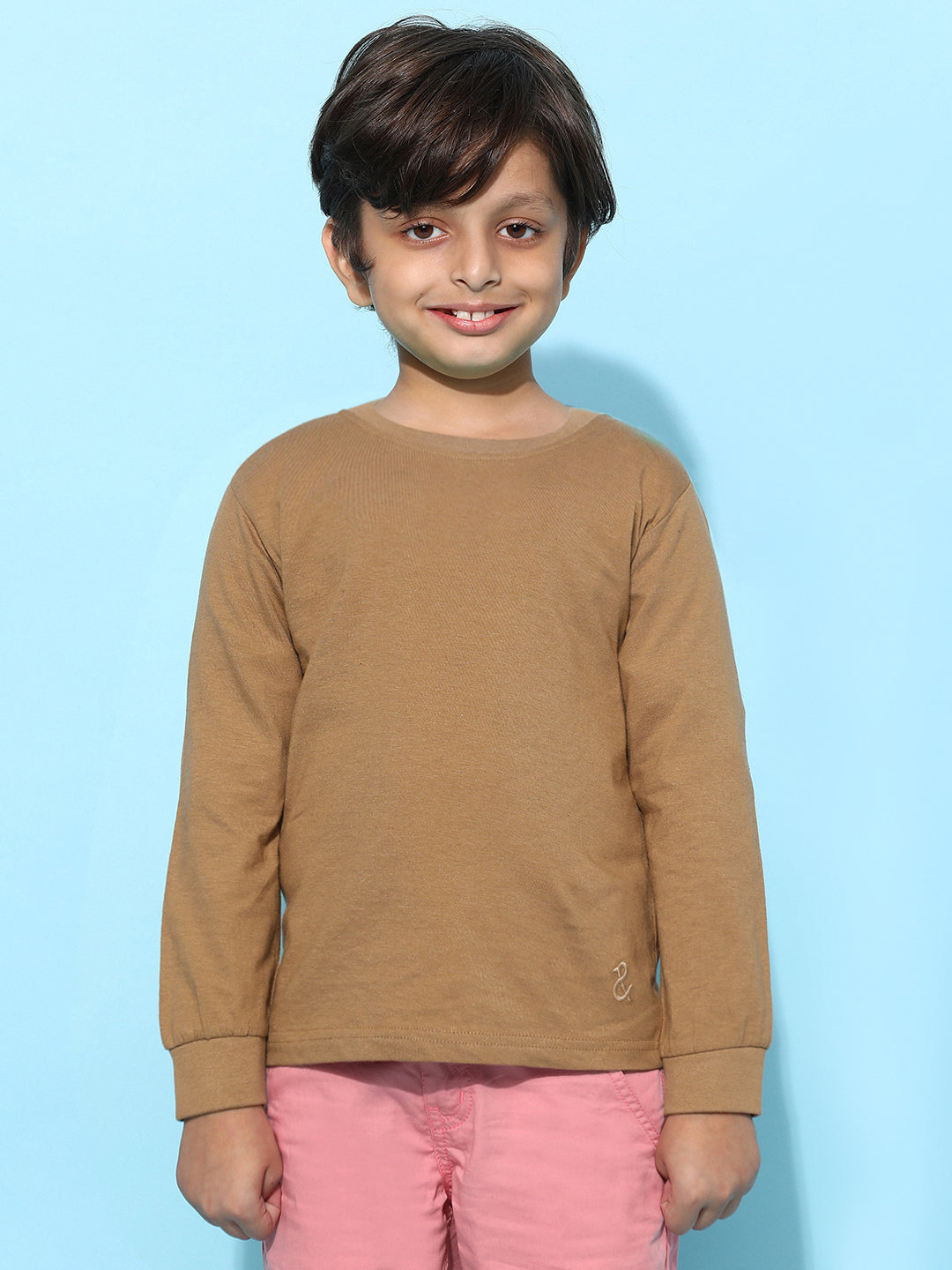 Boys Cotton Solid Casual Brown T-Shirt