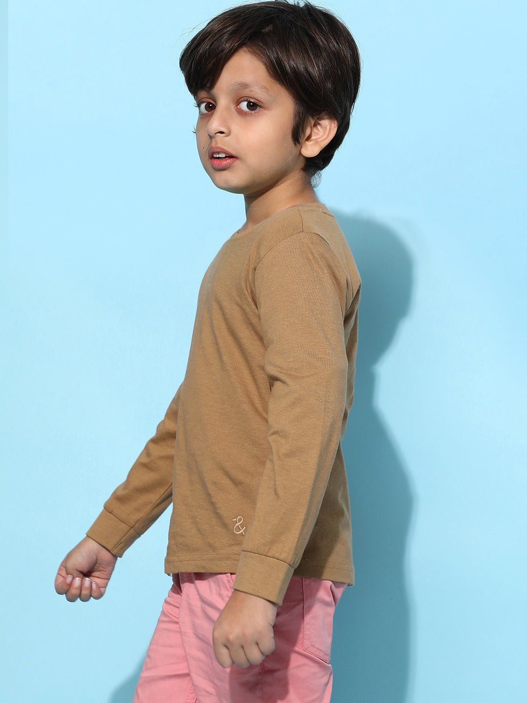 Boys Cotton Solid Casual Brown T-Shirt