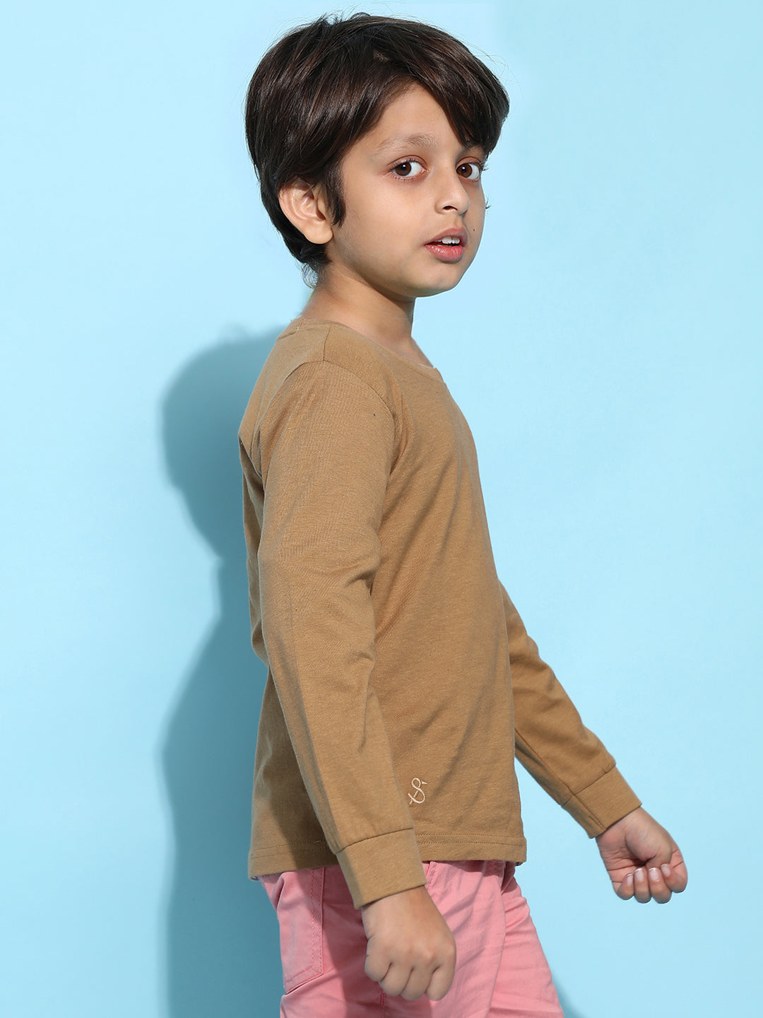 Boys Cotton Solid Casual Brown T-Shirt