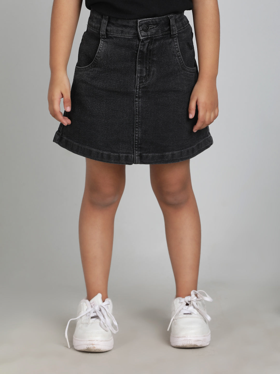 Girls Black A-Line Washed Lycra Above Knee Skirt