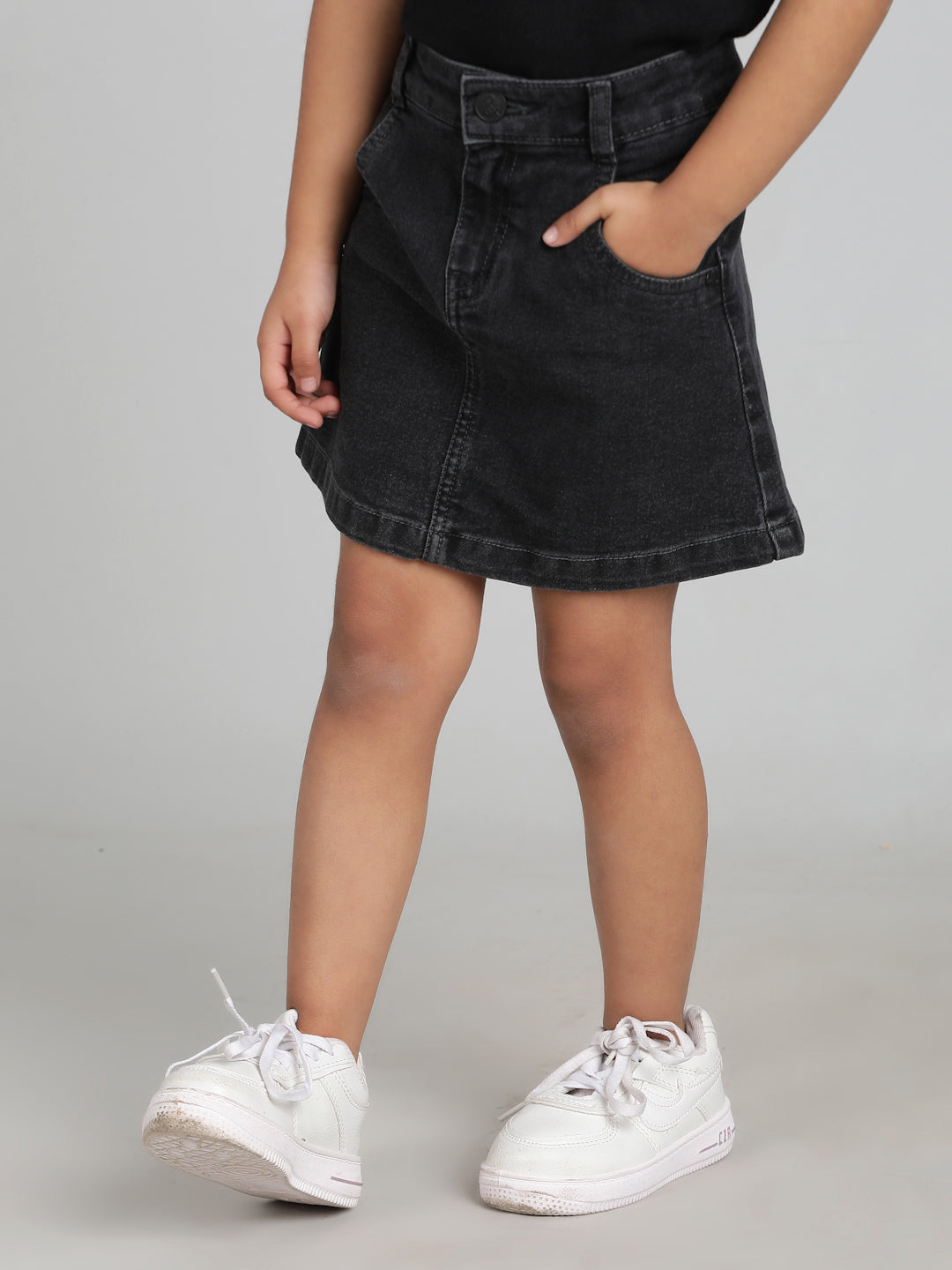 Girls Black A-Line Washed Lycra Above Knee Skirt