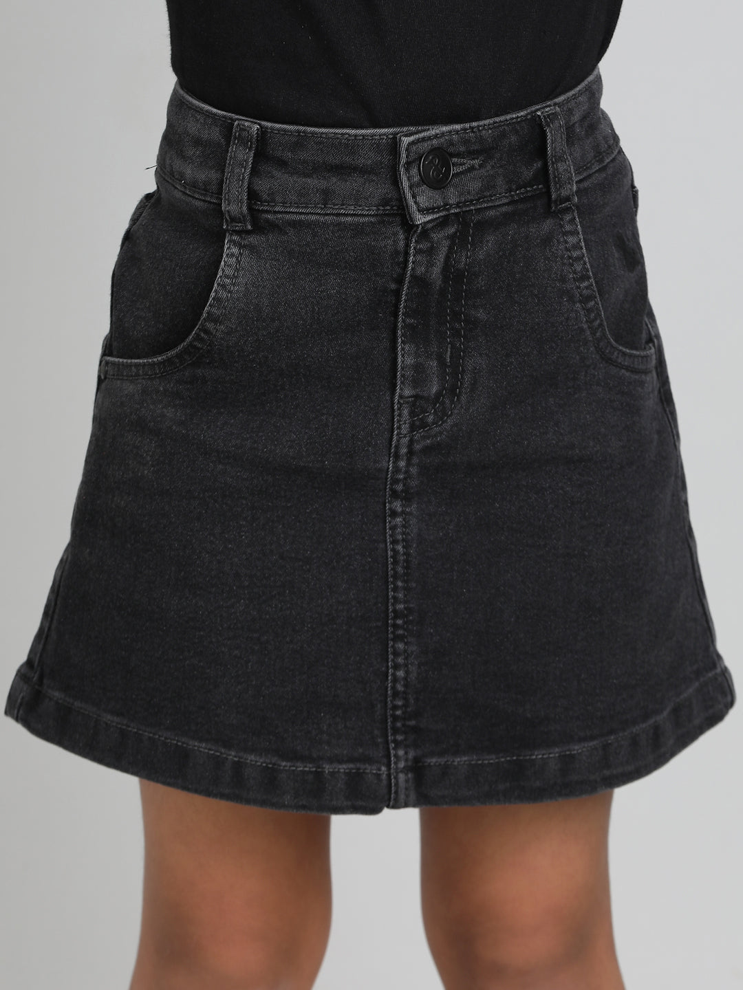 Girls Black A-Line Washed Lycra Above Knee Skirt