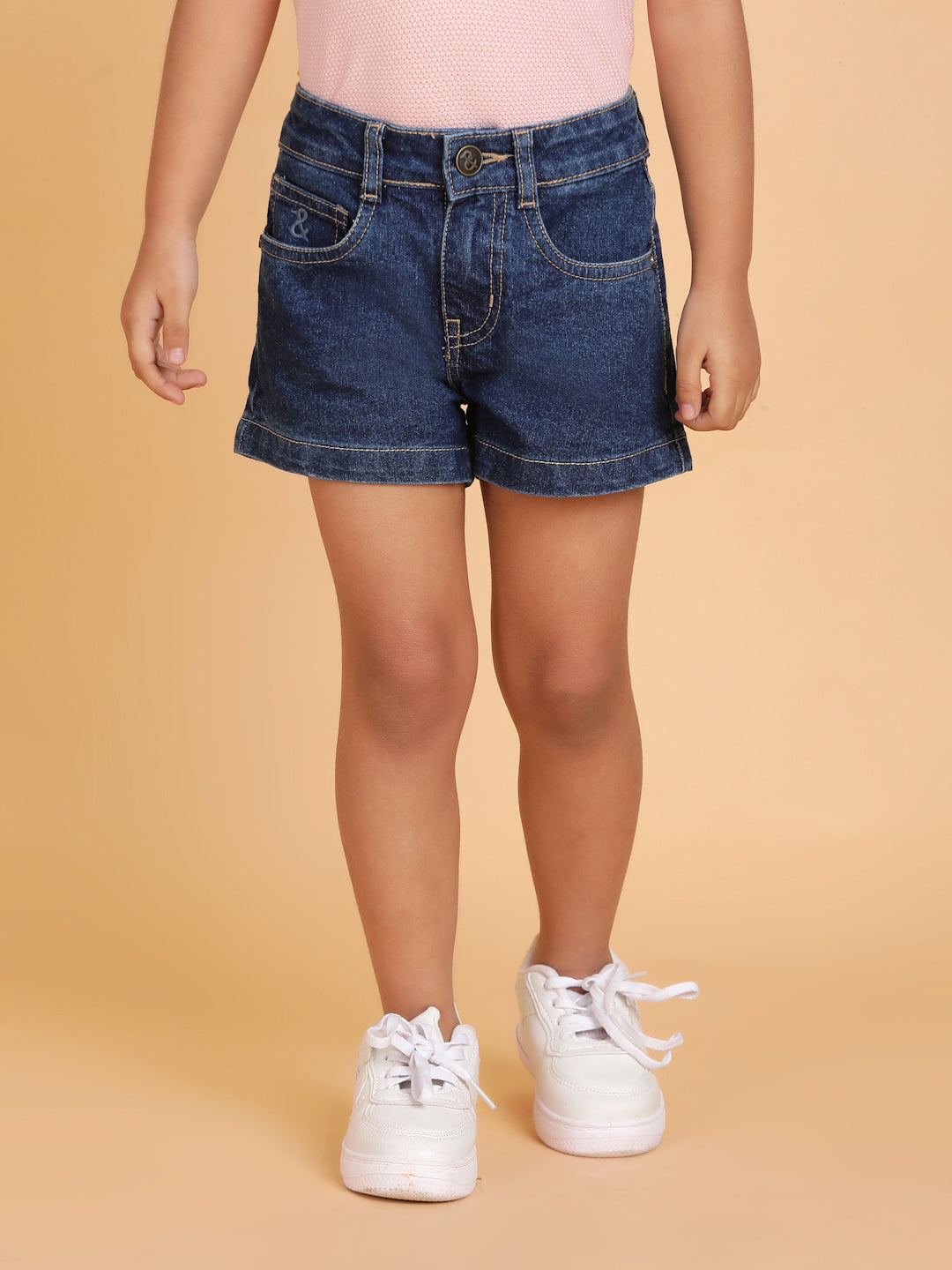 Girls Dark Blue Washed Lycra Regular Fit Above Knee Shorts