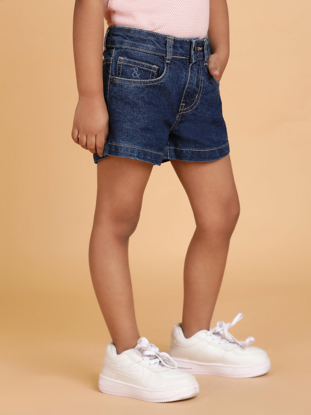 Girls Dark Blue Washed Lycra Regular Fit Above Knee Shorts