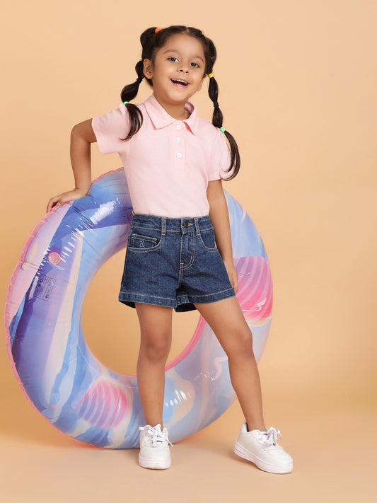 Girls Dark Blue Washed Lycra Regular Fit Above Knee Shorts