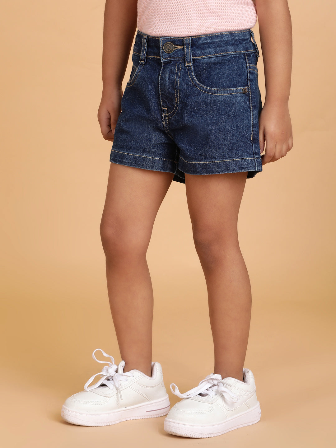 Girls Dark Blue Washed Lycra Regular Fit Above Knee Shorts