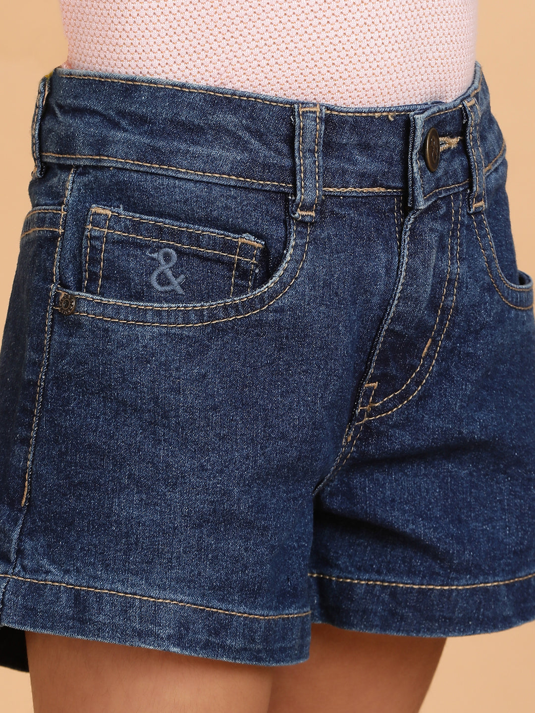 Girls Dark Blue Washed Lycra Regular Fit Above Knee Shorts