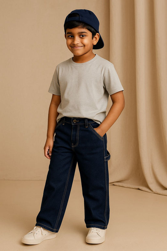 Boys Lycra Denim Washed Blue Carpenter Fit Jeans