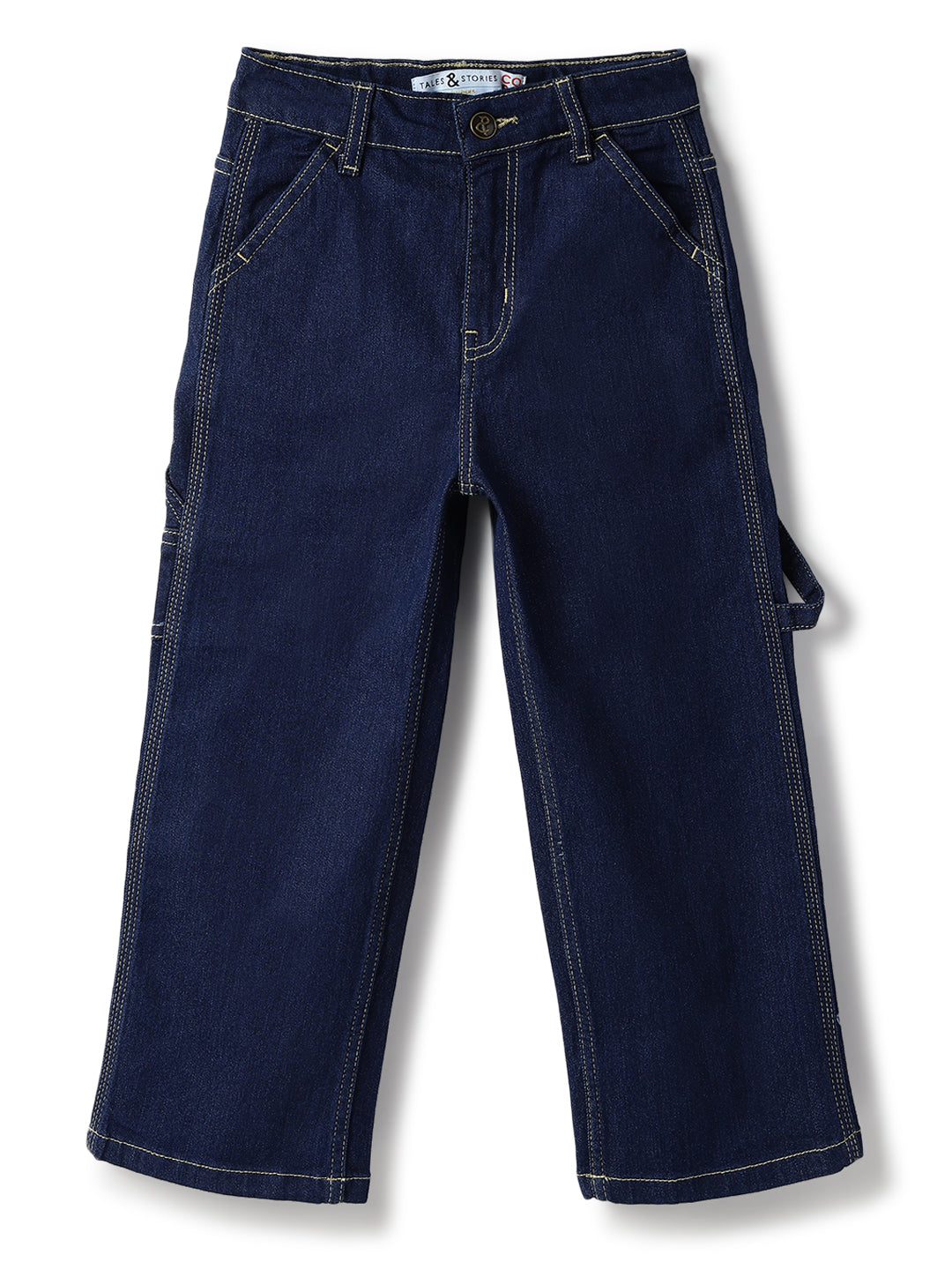 Boys Lycra Denim Washed Blue Carpenter Fit Jeans